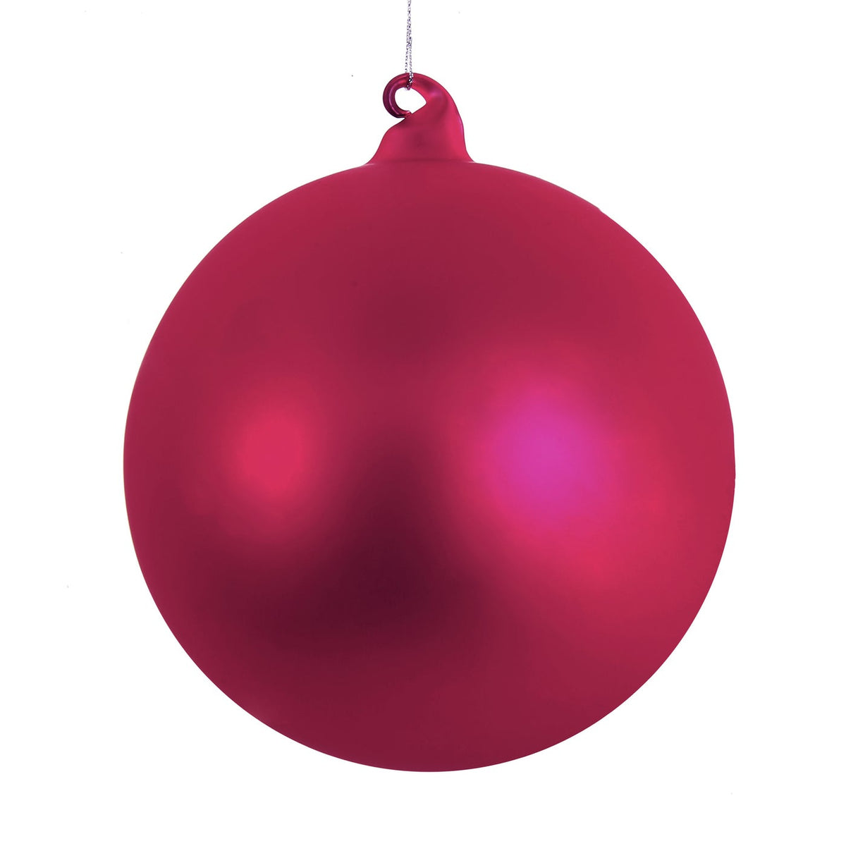 150mm matte finish magenta pink ball ornament hanging from a silver string.
