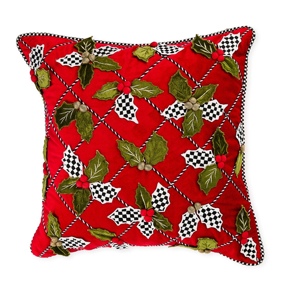 Red Holly Lattice Throw Pillow with green velvet leaves, red berries, and black and white patterns.
