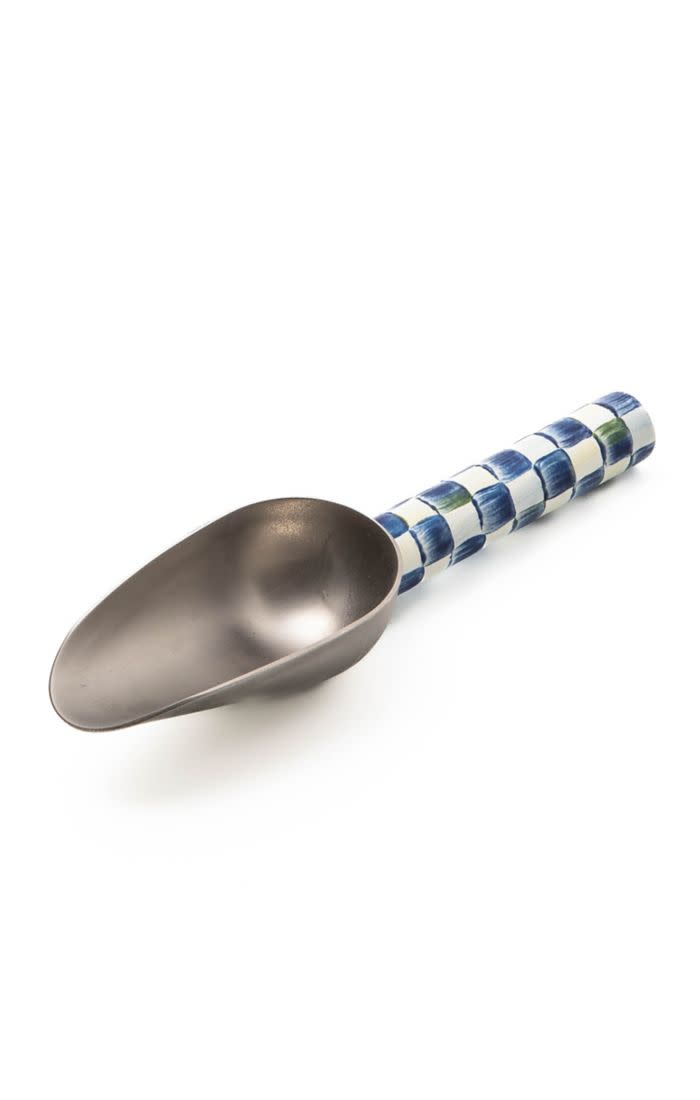 Hand-painted check enamel stainless steel scoop with a long handle.