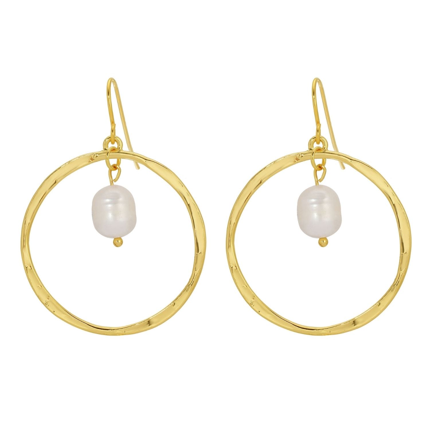 Open drop earrings featuring an 18k gold plated brass base with a fresh water pearl charm.