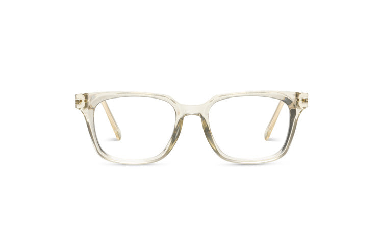 Sidebar square-shaped blue light glasses with a clear, translucent frame and spring hinges.