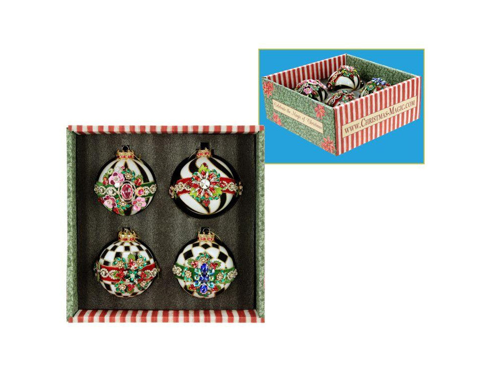 Set of 4 black and white patterned Christmas ornaments with colorful jewels in a decorative box.