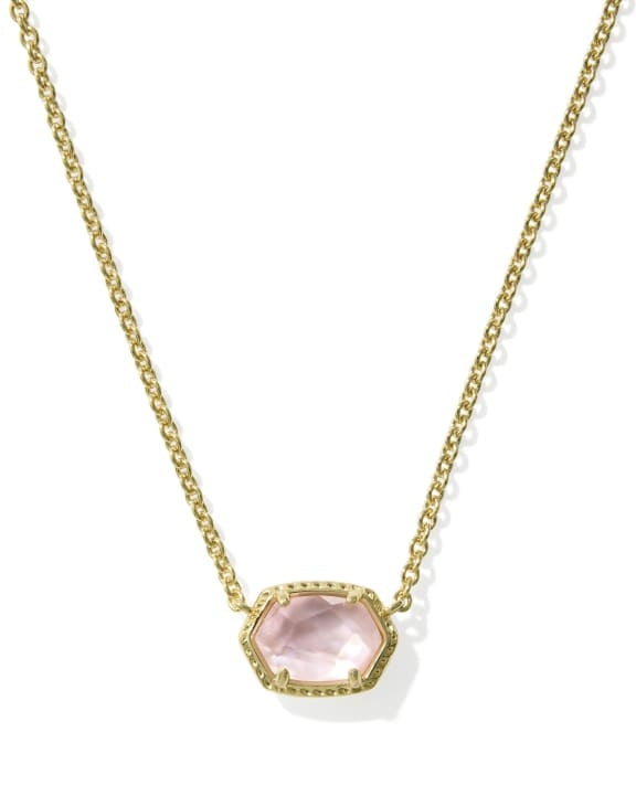 Daphne Frame Short Pendant Necklace featuring a gold chain and a faceted pink stone pendant.