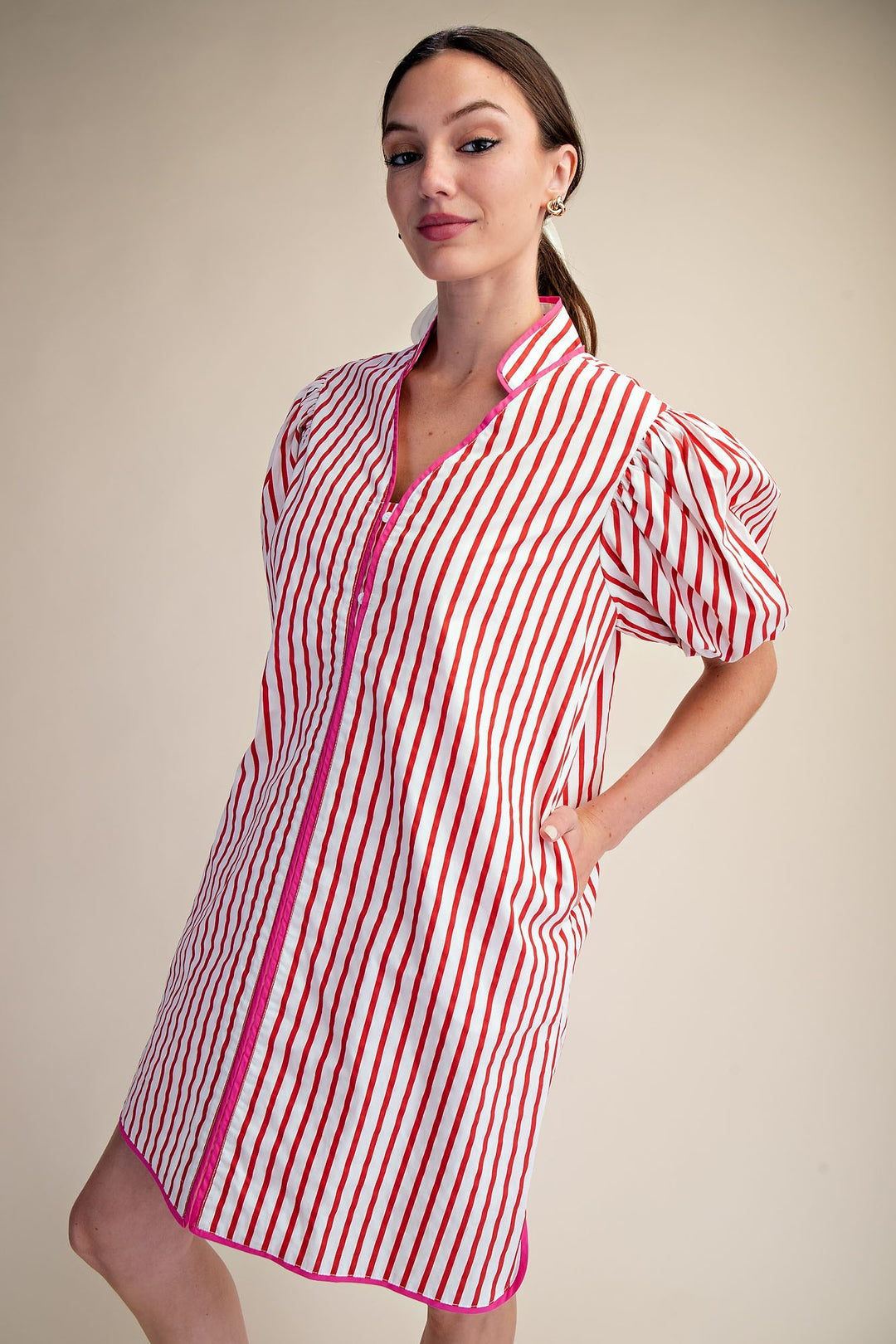 Aliyah Collar Neck Puff Sleeve Stripe Mini Dress