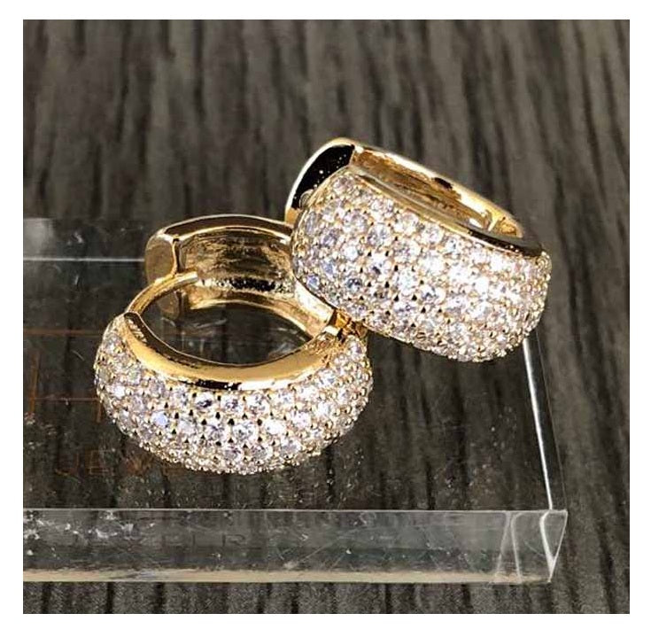 Five Row medium huggie earrings featuring five rows of clear cubic zirconia stones on a pierced post.