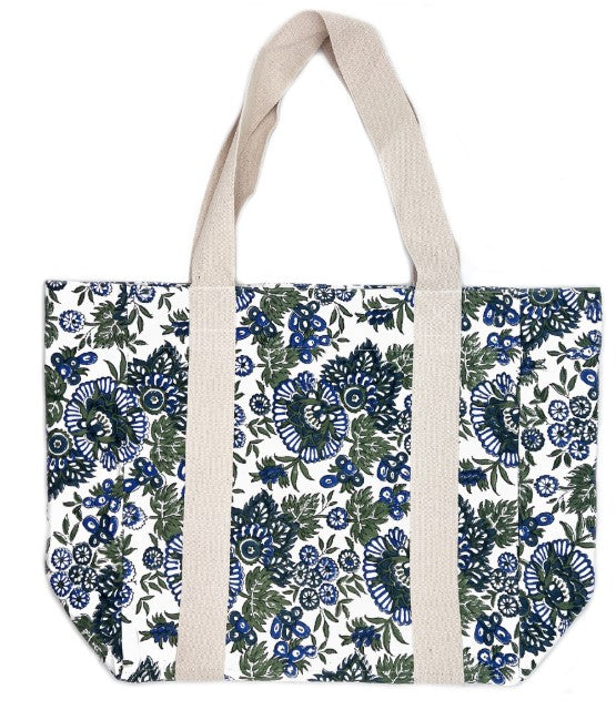 Amber Marie & Co. Forget me not canvas tote bag in natural beige with floral print.