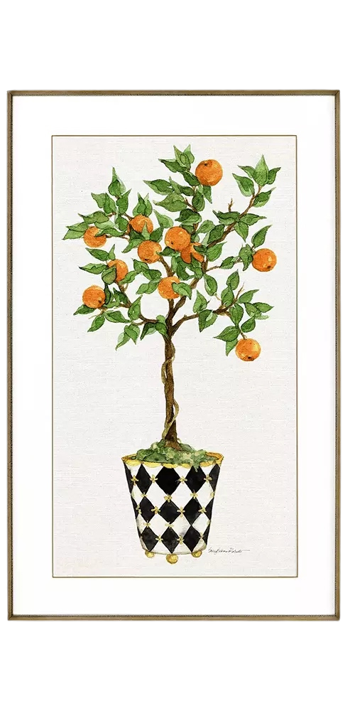 Fruit Topiary Framed Print featuring a watercolor orange tree in a checkered black and white pot.