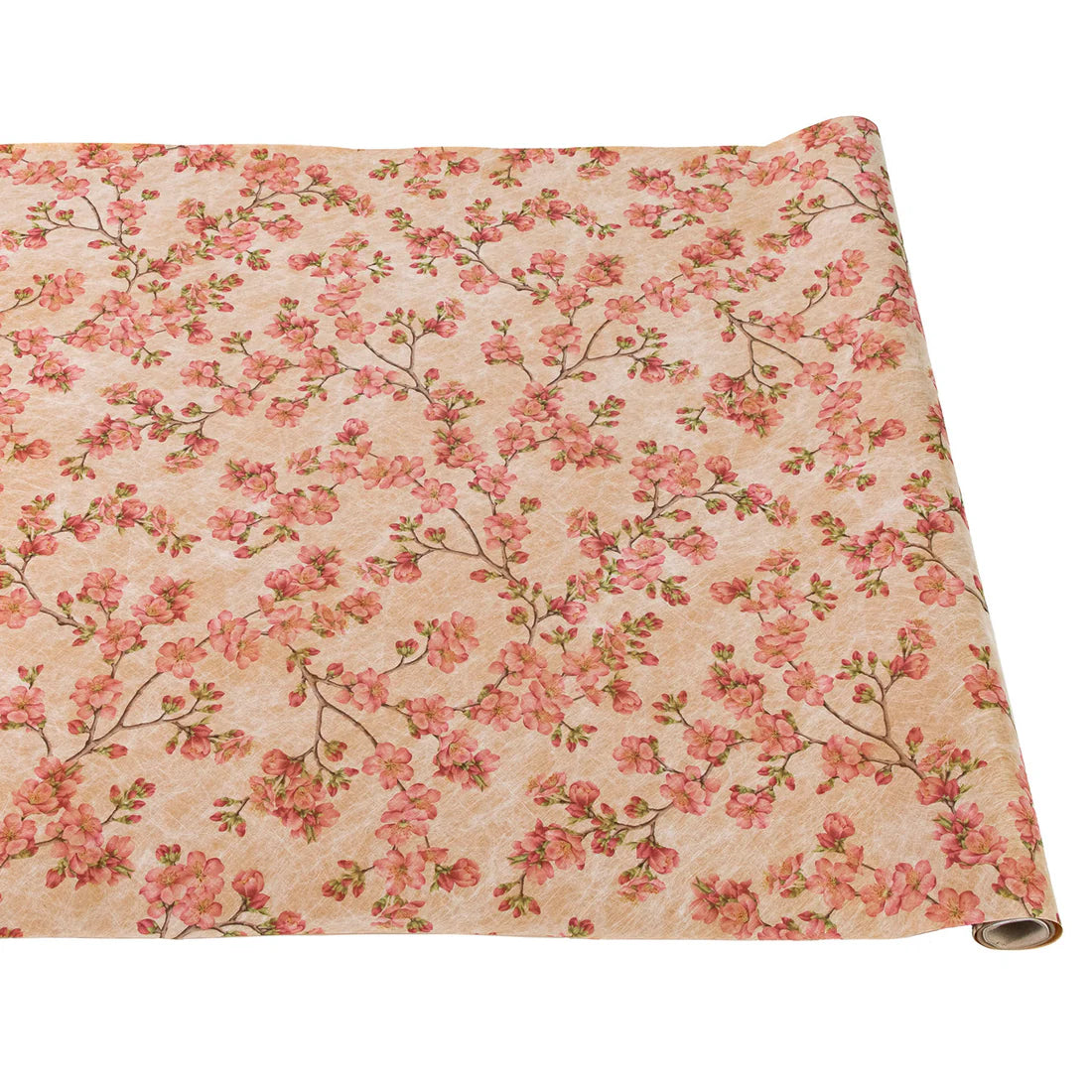 Pink cherry blossom table runner with a floral branch pattern on a textured tan background.