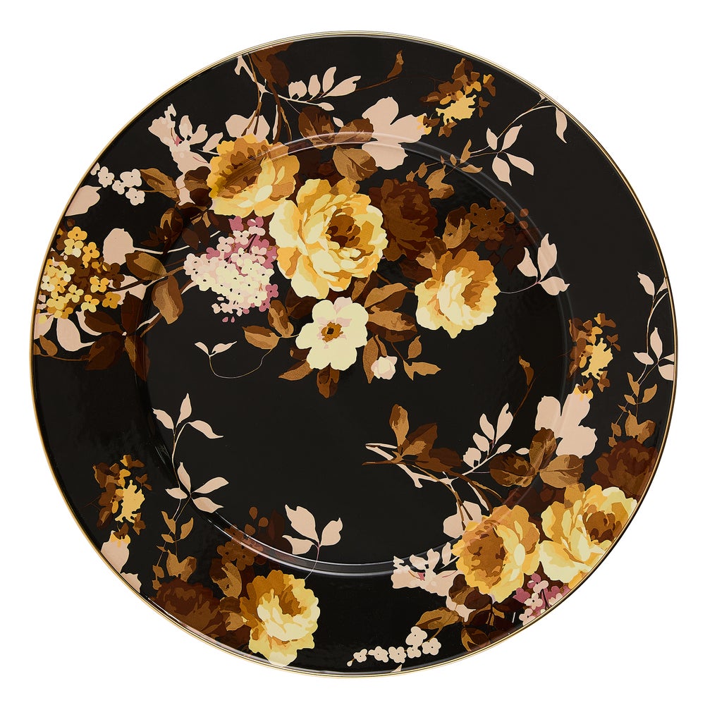 Round Wild Rose brown serving platter with bronzed stainless steel rim on heavy-gauge steel base.