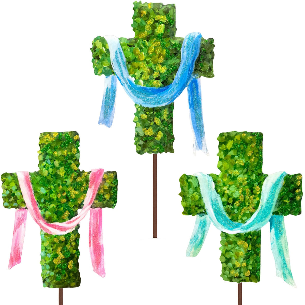 Boxwood cross stake with natural green foliage on an 8-inch by 10-inch frame.