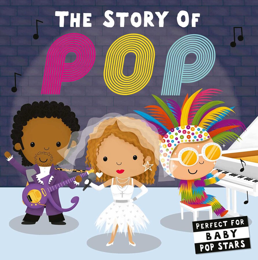 The Story of Pop book cover with cartoon figures of Prince, Madonna, and Elton John playing instruments.