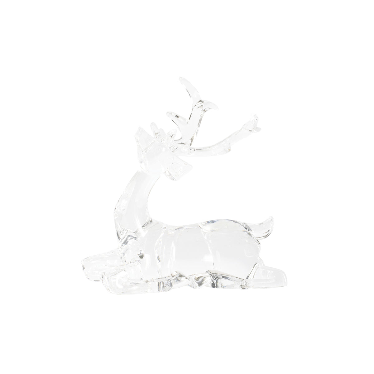 Clear acrylic deer figurine in a sitting position with antlers.