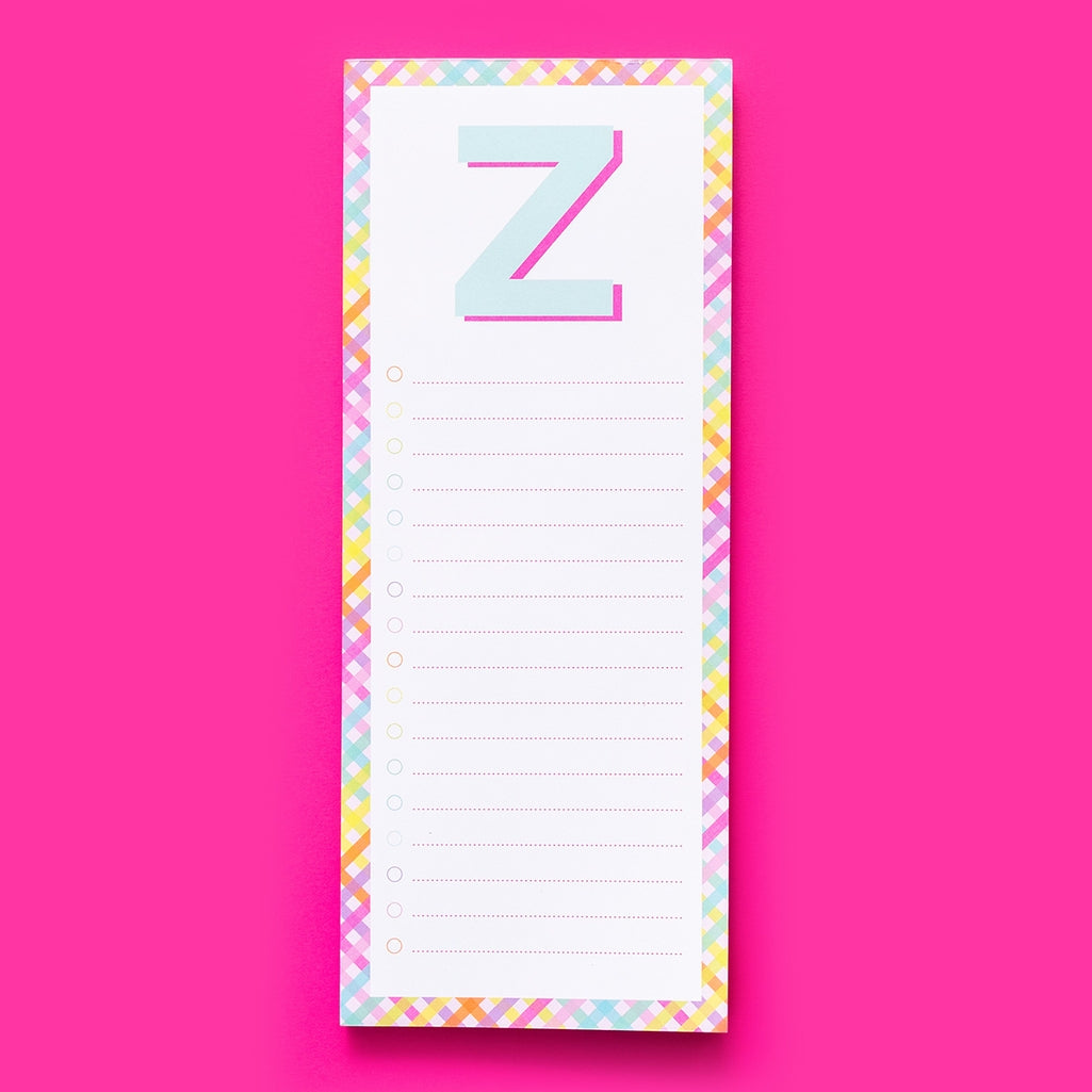 4-inch by 10-inch lined list pad letters with a magnet on the back