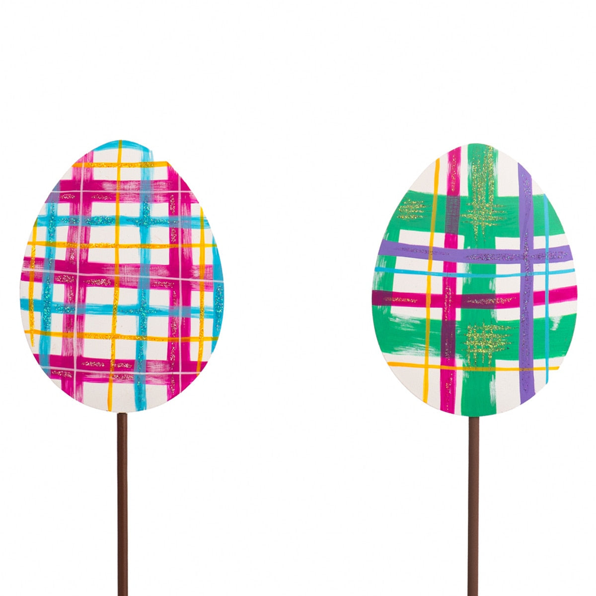 Plaid Eggs stake with a plaid fabric body in red, black, and white stripes.
