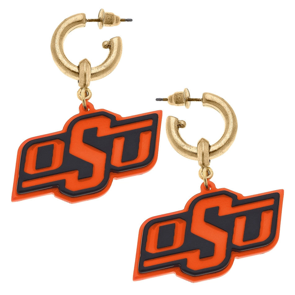 Oklahoma State Cowboys orange and black resin logo drop hoop earrings with gold-tone hardware.