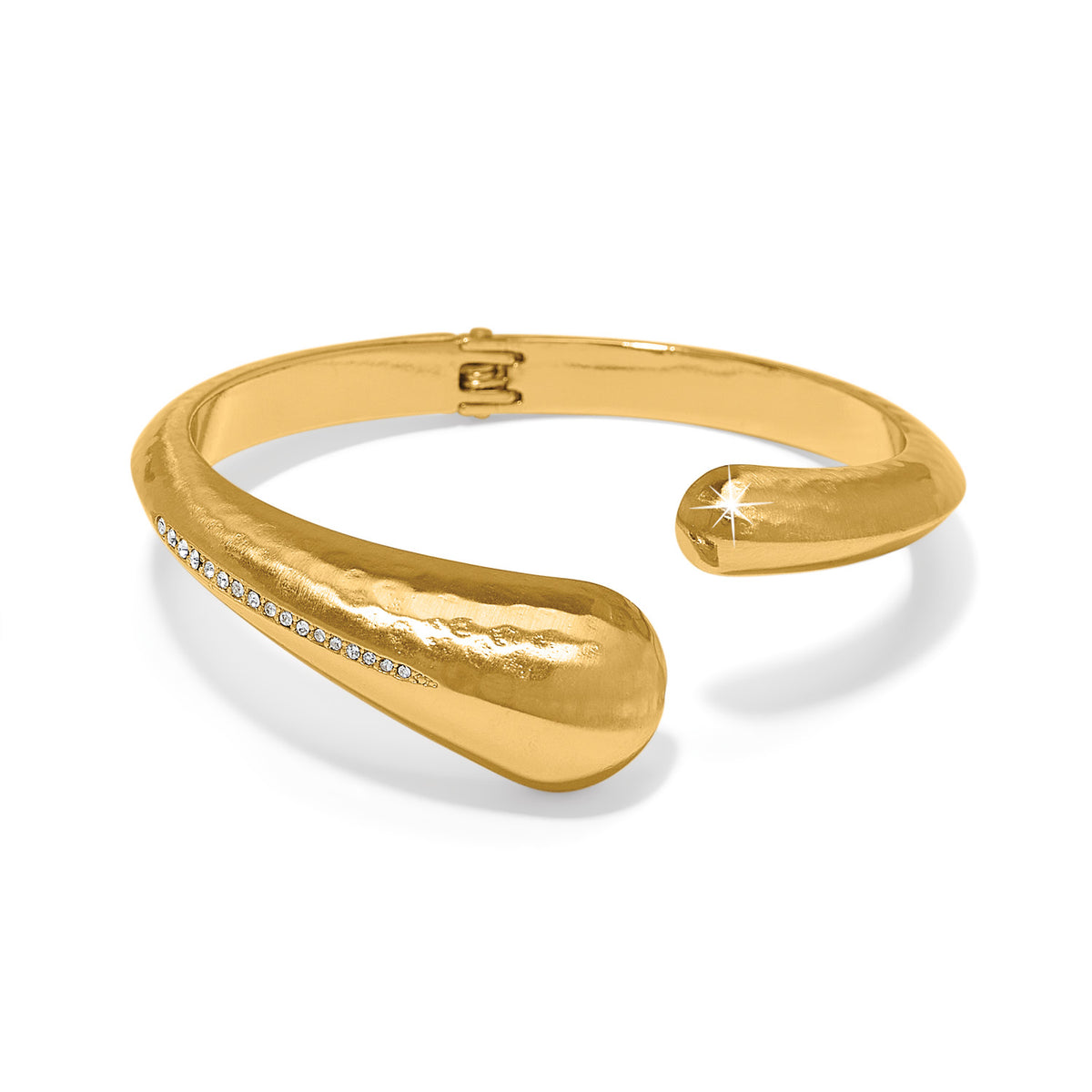 Gold open hinge bangle with a hammered texture and a row of fine quality crystals.