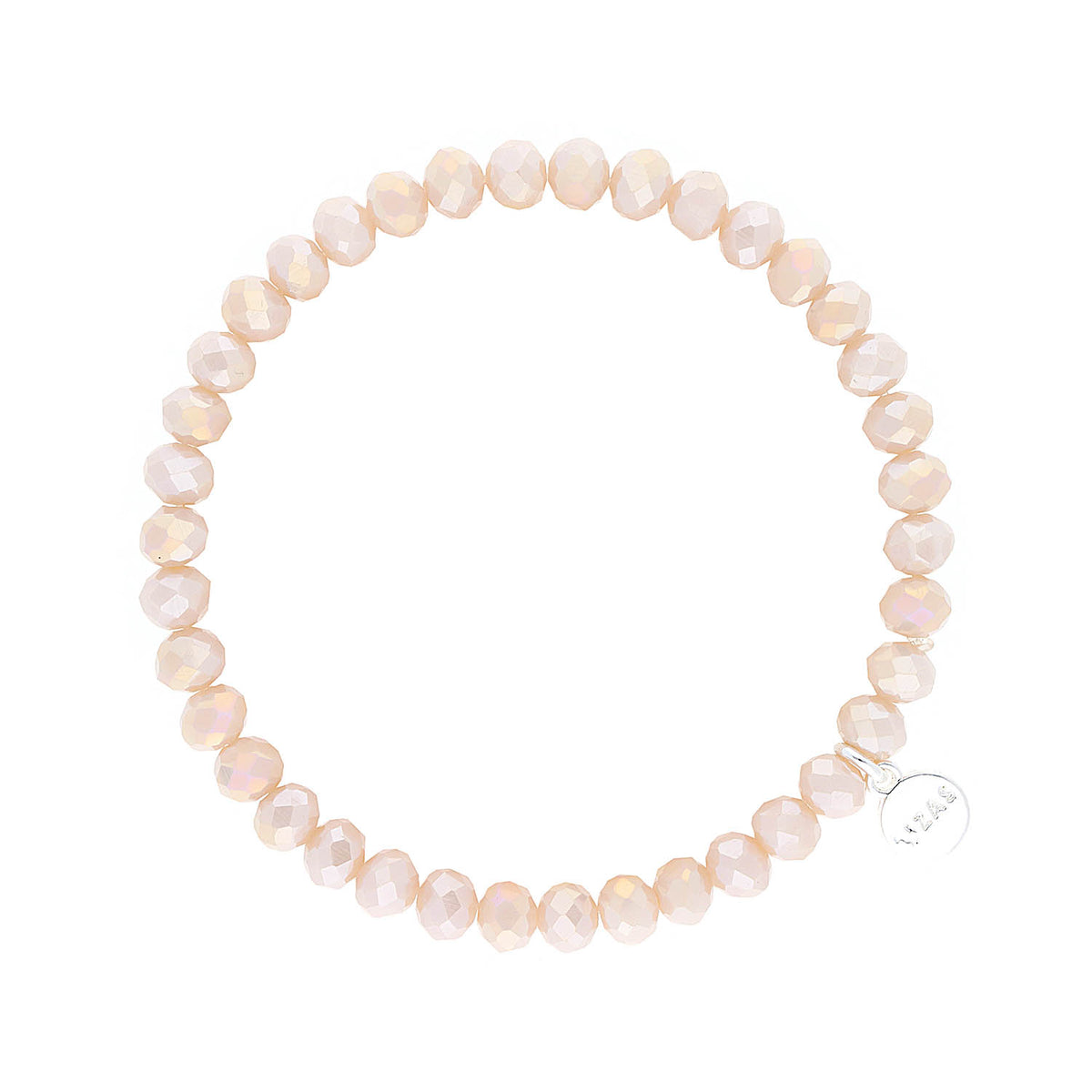 Stretchy bracelet with faceted glass beads in a colorful beaded pattern.