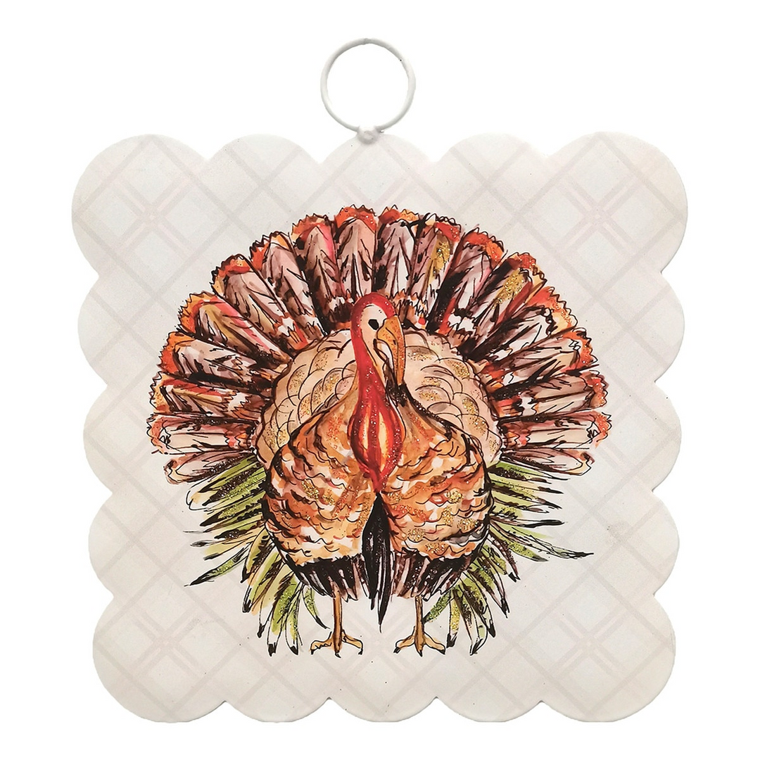 Mini Scallop Art Festive Turkey hanging metal sign with a detailed turkey illustration.