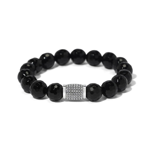 Meridian Solis Black Onyx beaded stretch bracelet with a silver-plated crystal-encrusted barrel.