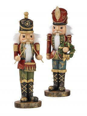 Two 12-inch resin antique nutcrackers, one with a drum and one with a wreath, sold individually.