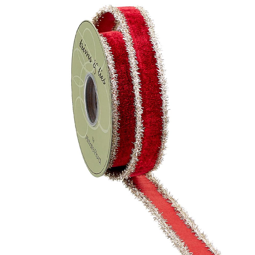 1-inch red velvet ribbon with sparkling gold tinsel edges on a 10-yard spool.