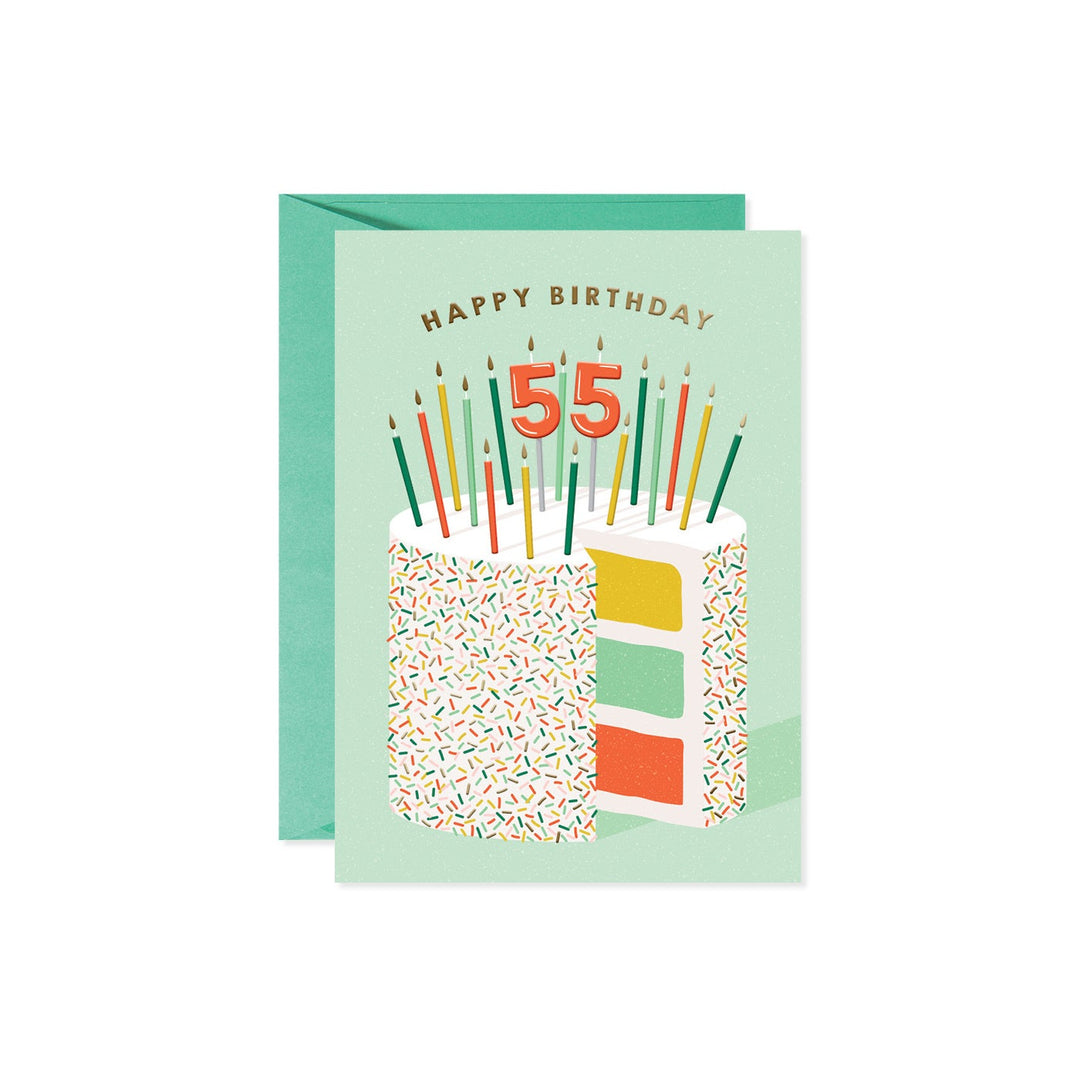 Happy Birthday card with a slice of cake decorated with sprinkles and "55" candles.