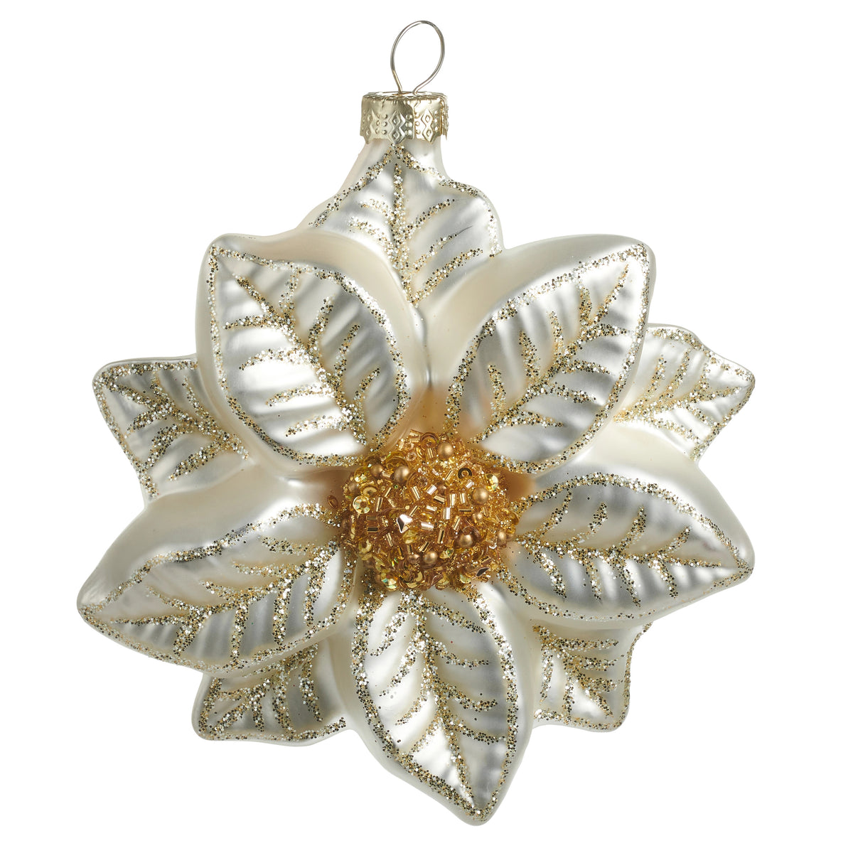 5.75-inch white glass poinsettia ornament with gold glitter leaf veins and a beaded center.