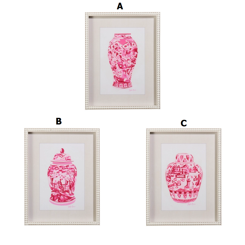 Framed wall art featuring an 18-inch pink Chinoiserie pattern on a fir wood background.