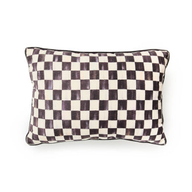 Courtly check printed outdoor lumbar pillow with polyester fabric in a rectangular silhouette.