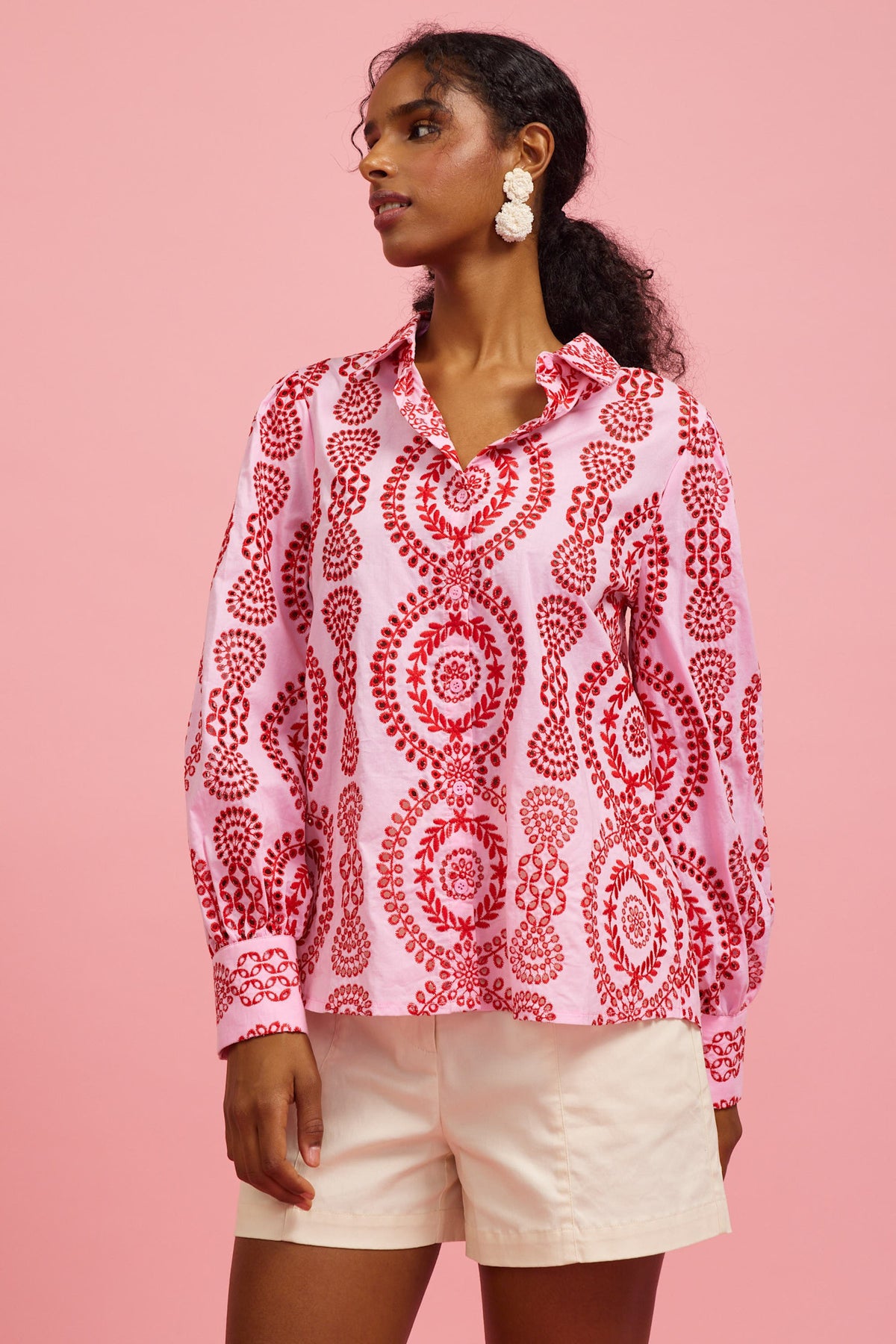 Naomi long-sleeve button-down shirt in white cotton with delicate eyelet embroidery and a classic fit.
