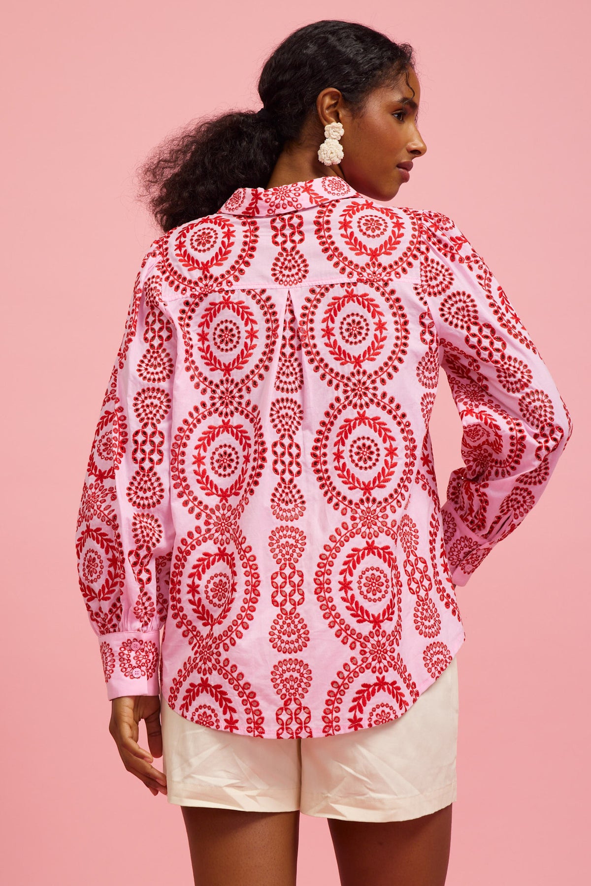 Naomi long-sleeve button-down shirt in white cotton with delicate eyelet embroidery and a classic fit.