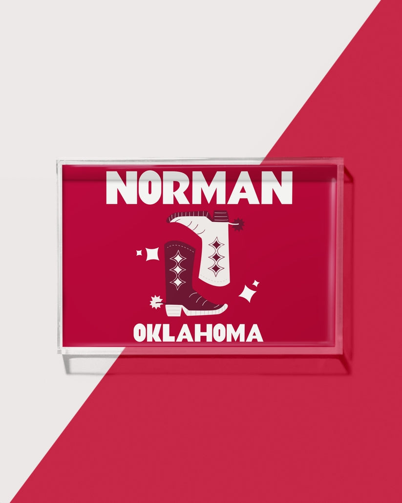 Acrylic tray with 'NORMAN OKLAHOMA' text and cowboy boot graphics on a red background.