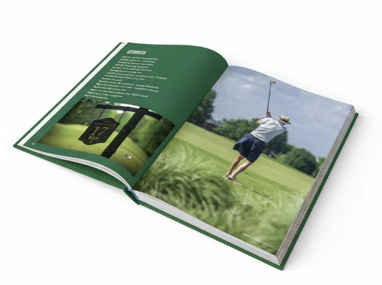 Hardcover book titled Golf Bum Book with cotton fabric cover.
