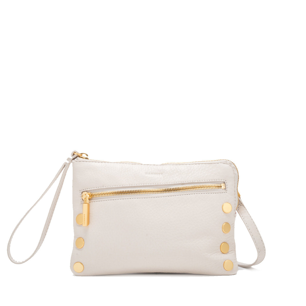 Nash small bag in warm white pebbled leather with gold hardware and a top zipper.