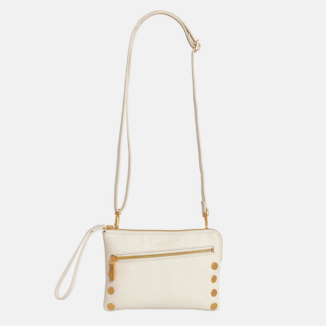 Nash small bag in warm white pebbled leather with gold hardware and top zipper