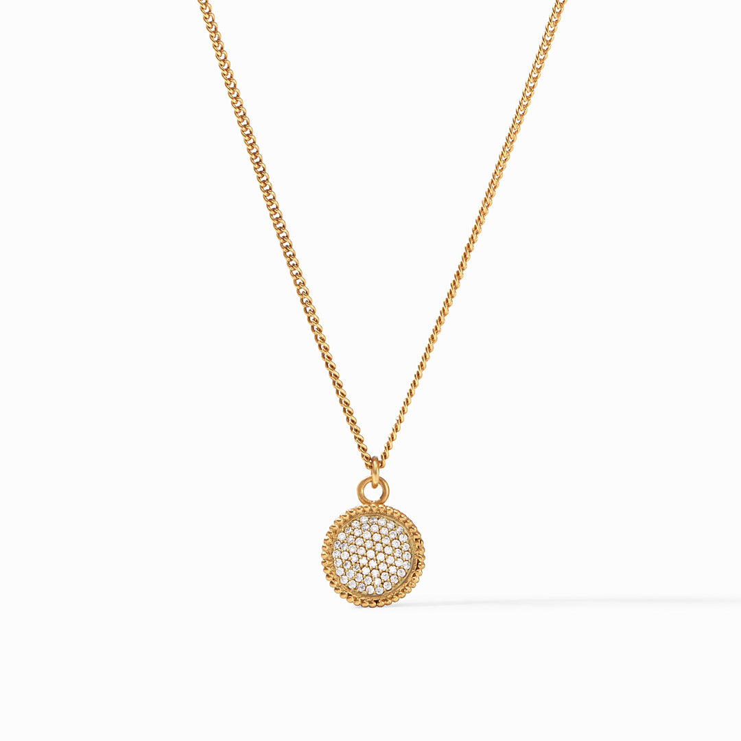 Gold Fleur-De-Lis Solitaire Necklace with a round cubic zirconia pavé pendant on a curb chain.