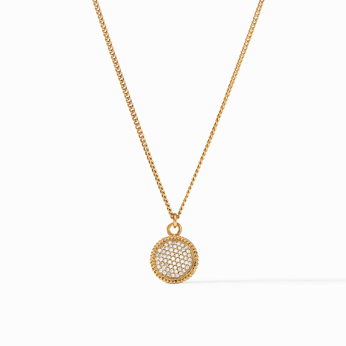 Gold Fleur-De-Lis Solitaire Necklace with a round cubic zirconia pavé pendant on a curb chain.