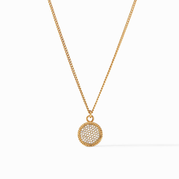 Gold Fleur-De-Lis Solitaire Necklace with a round cubic zirconia pavé pendant on a curb chain.
