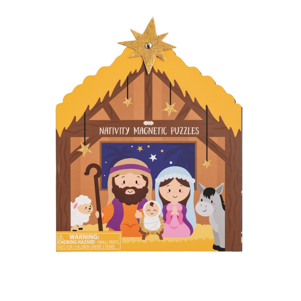 Magnetic nativity puzzle with colorful figures on a dark background