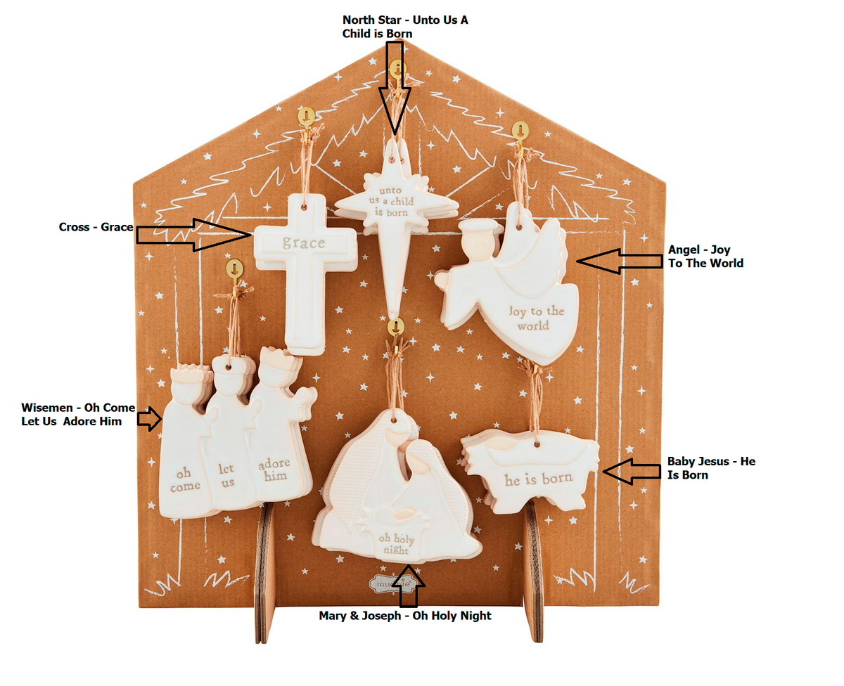 Milk glazed stoneware nativity ornament with antique wash finish on kraft stand