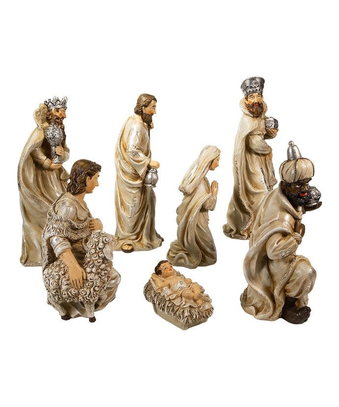 Seven-piece nativity figurine set in white polyester featuring the Holy Family, Three Wise Men, and a shepherd.
