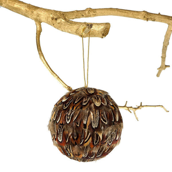 Handmade natural Ringneck Pheasant feather ornament in almond color with a curved silhouette.