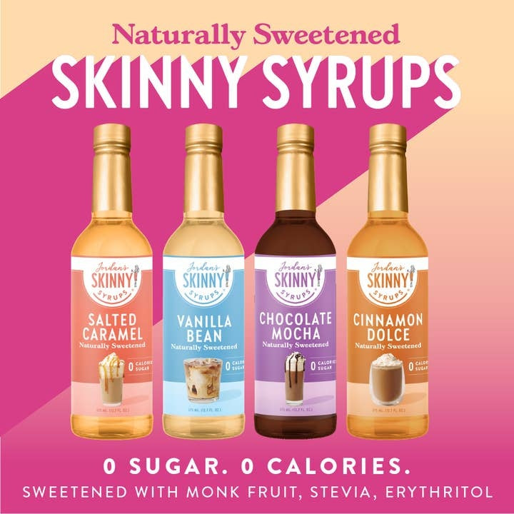 Bottle of naturally sweetened cinnamon dolce syrup with a clear liquid inside.