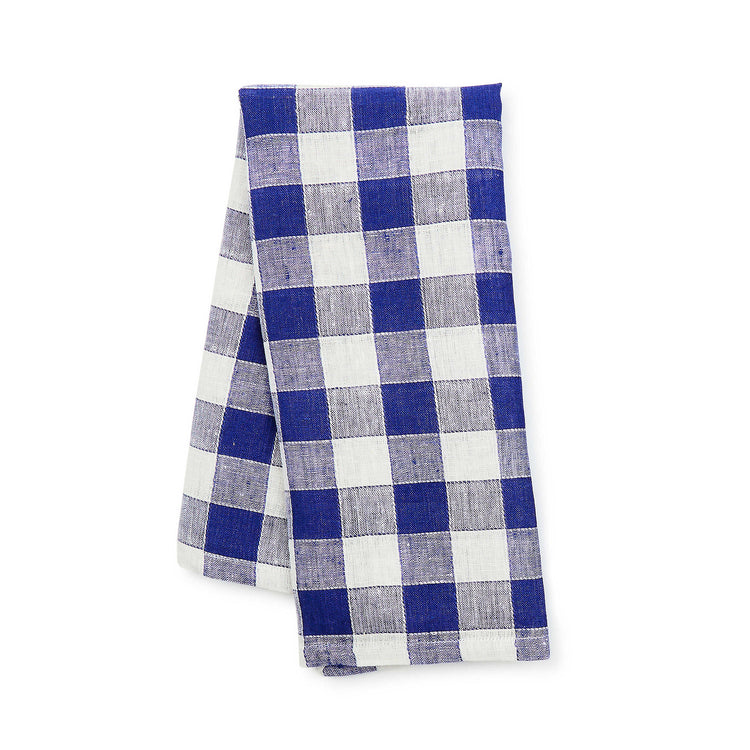 Navy blue checkered linen dish towel with a rectangular shape.