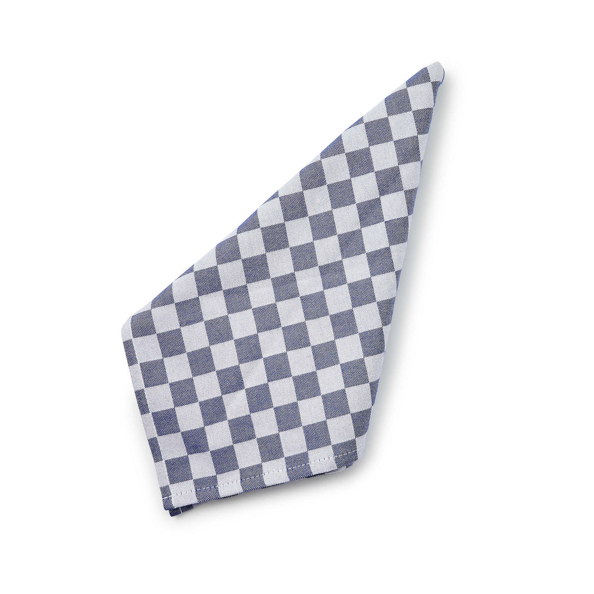 Set of four navy blue woven cotton check napkins with a square silhouette.