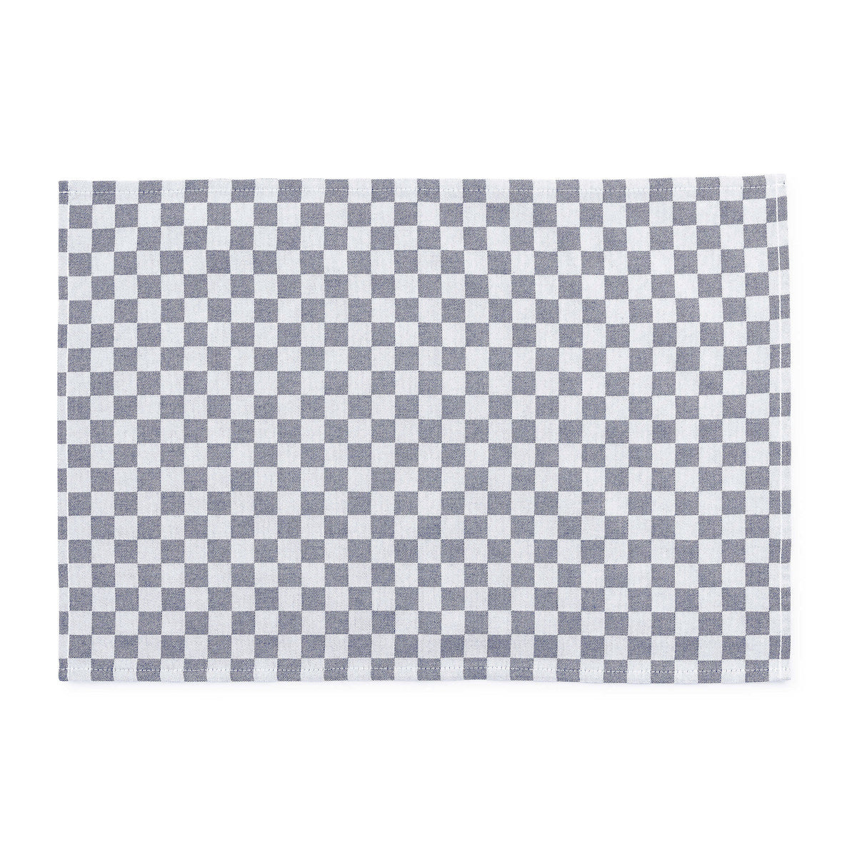 Set of four navy blue woven cotton check placemats with a rectangular silhouette.