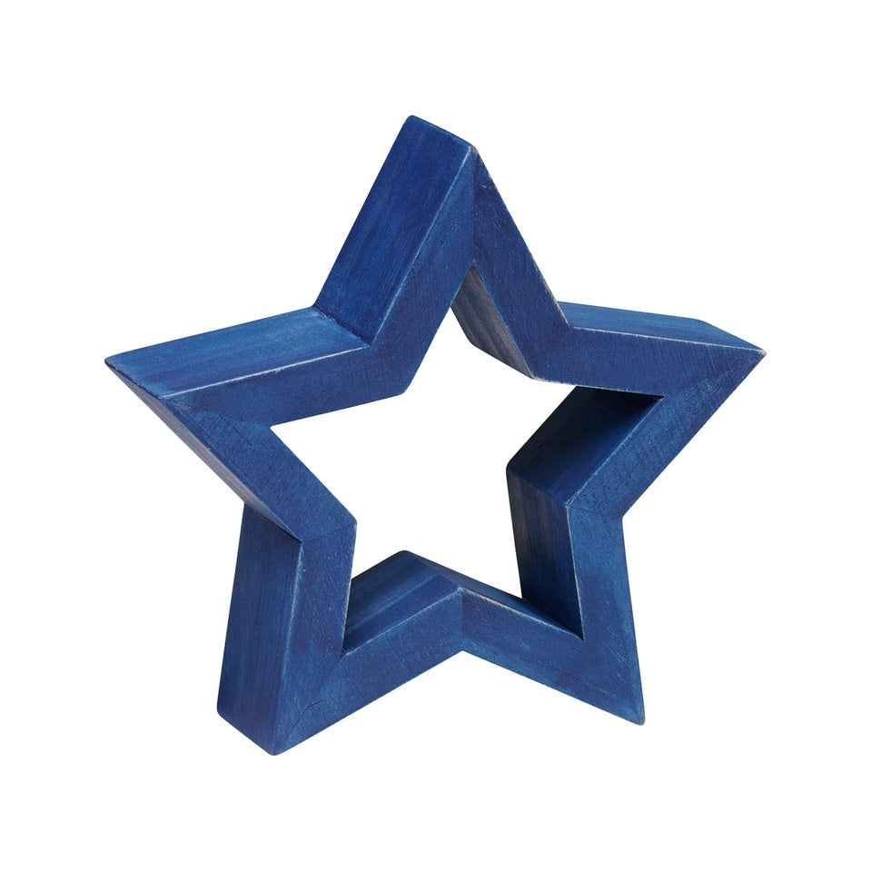 Navy washed wood hollow star cutout decor accent measuring five inches wide.