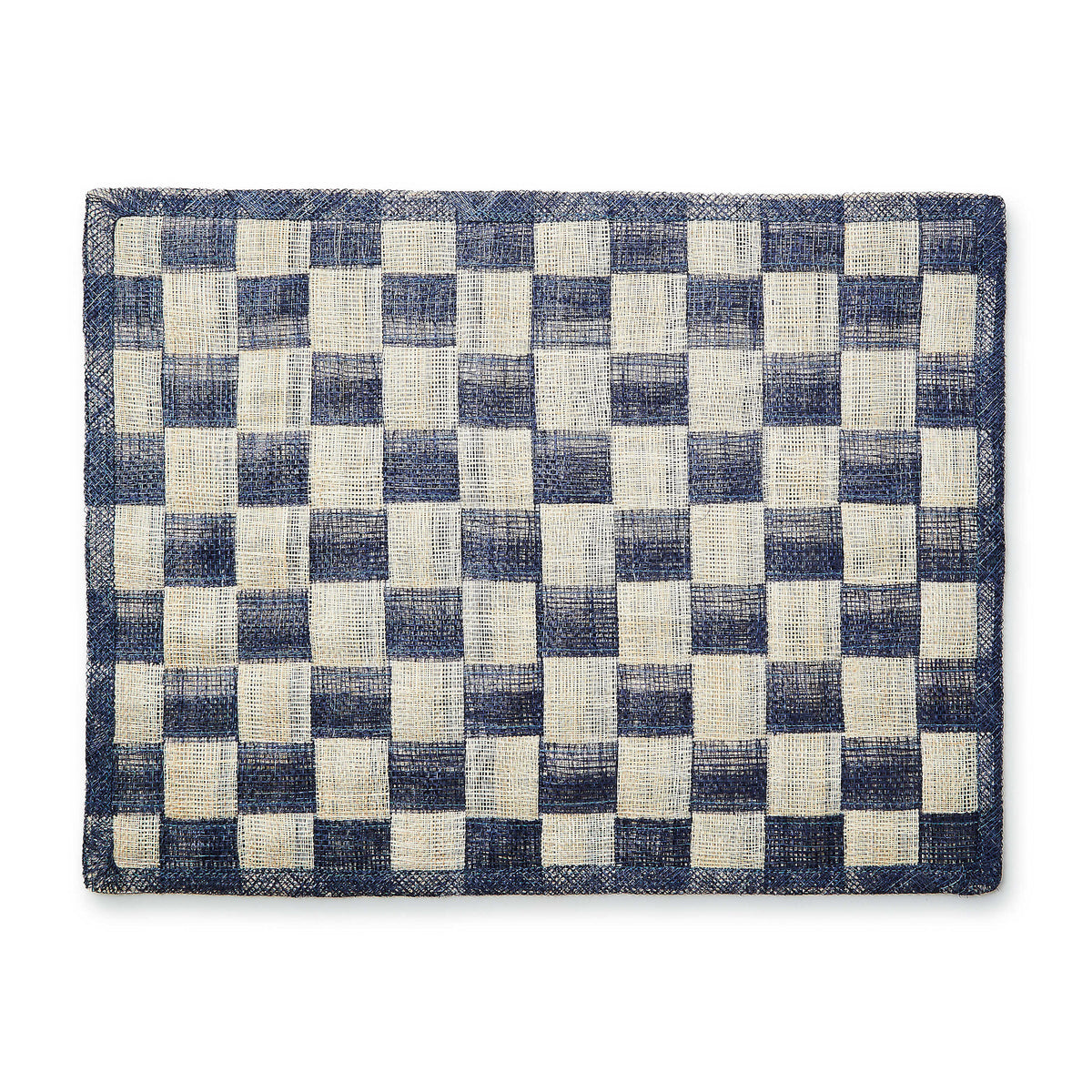 Set of four navy blue woven sinamay abaca placemats with a check pattern.