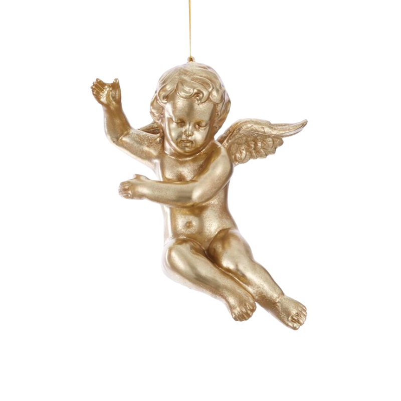 Gold cherub ornament with wings, hanging from a thin gold string against a white background.