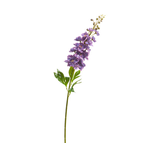 34-inch Delphinium stem artificial flower made of polyester with plastic blooms measuring up to 2.5 inches.